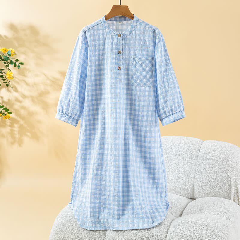 Classic Plaid Pure Cotton Nightgown - Blue - XL - image 5