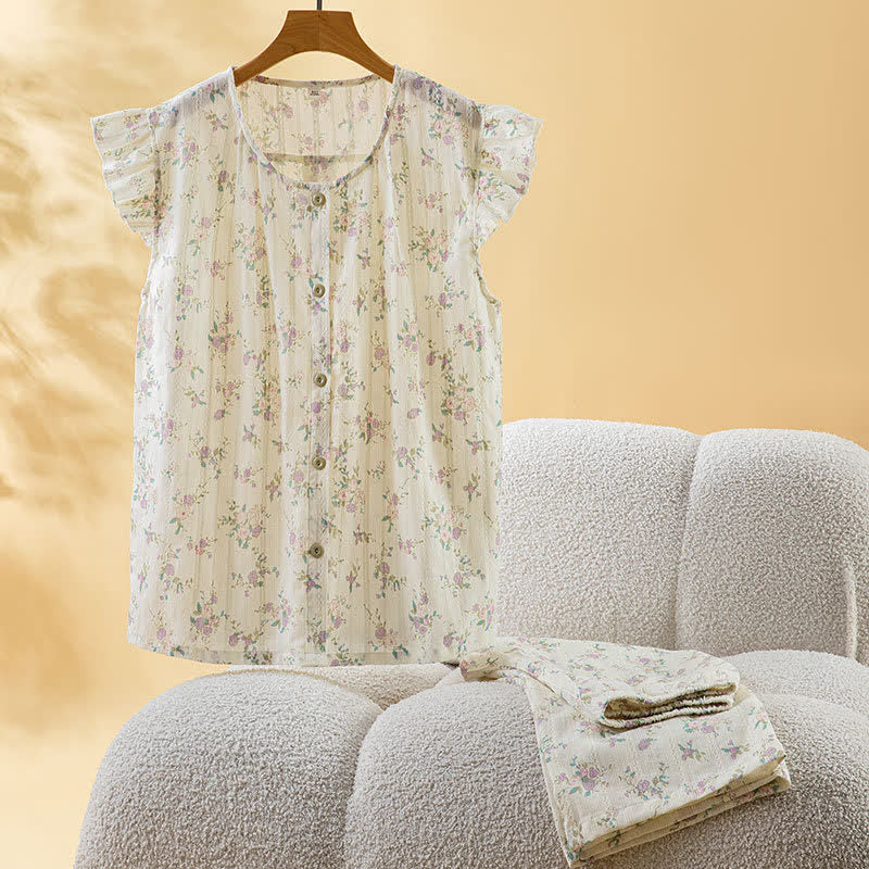 Rose Cotton Flutter Sleeve Loungewear Set - Apricot - XL - image 0