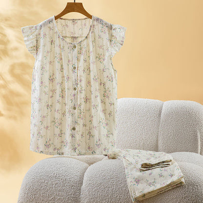 Rose Cotton Flutter Sleeve Loungewear Set - Apricot - XL - image 0