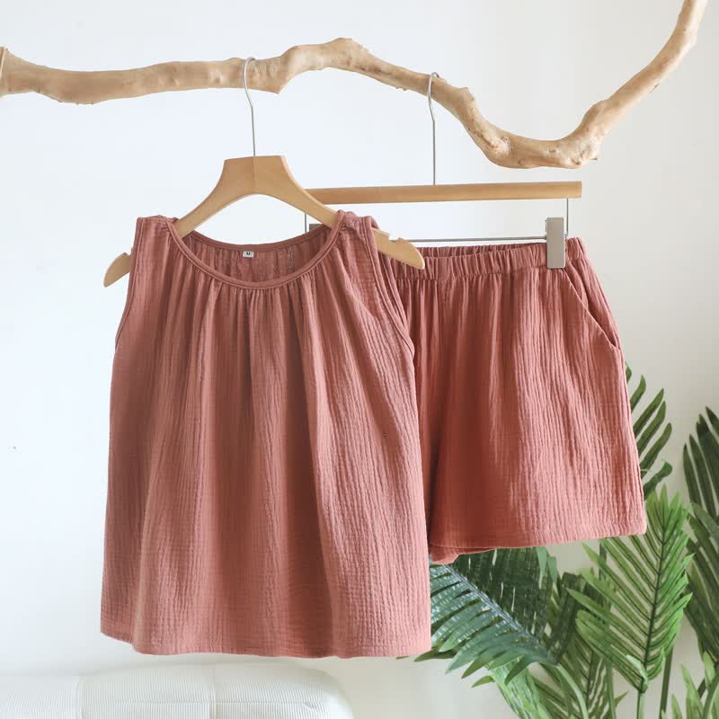 Cotton Double Gauze Tank Top & Shorts Set - Red - XL - image 11