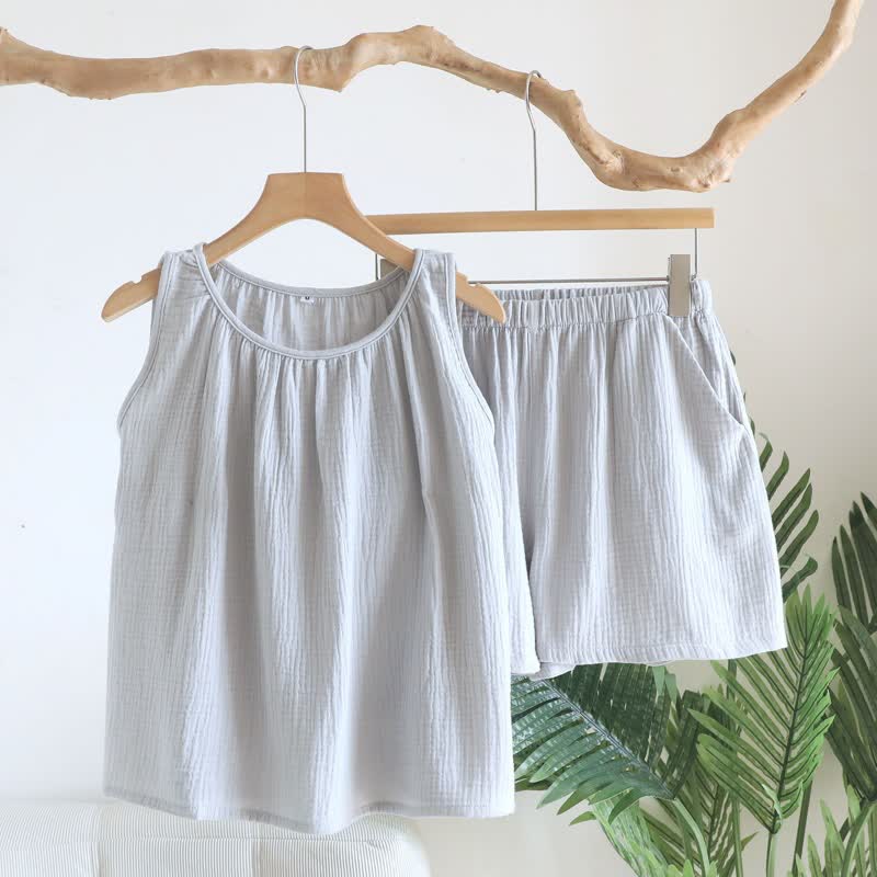 Cotton Double Gauze Tank Top & Shorts Set - Blue Grey - XL - image 2