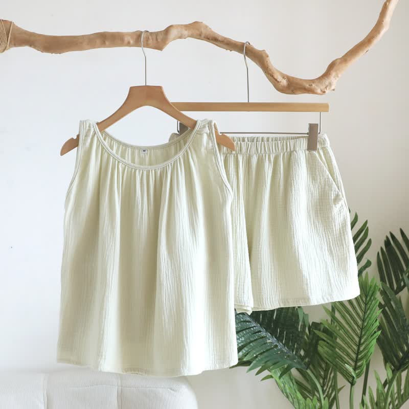 Cotton Double Gauze Tank Top & Shorts Set - Green - XL - image 12