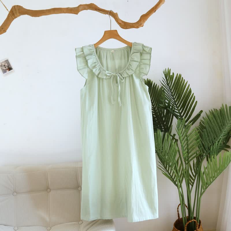 Cotton Gauze Solid Flutter Sleeve Nightdress - Light Green - XL - image 13