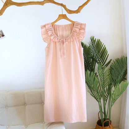 Cotton Gauze Solid Flutter Sleeve Nightdress - Pink - XL - image 4