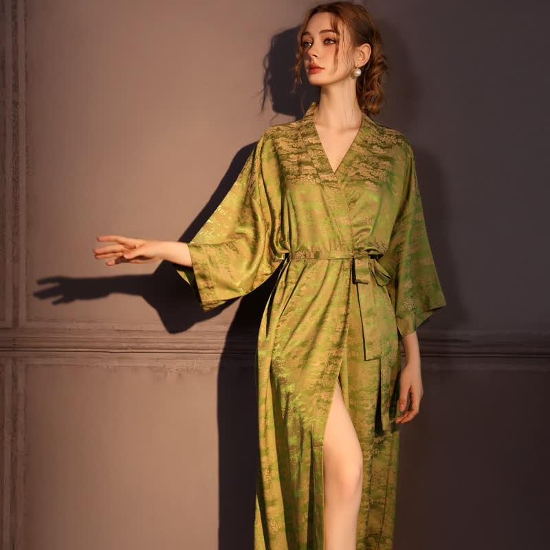 Subtle Vintage Pattern 3/4 Sleeve Robe - Green - Plus Size - image 0