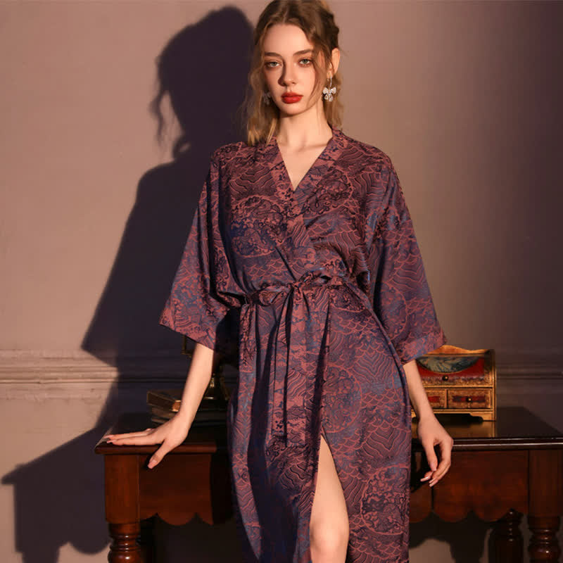 Abstract Pattern 3/4 Sleeve Robe - Burgundy - Plus Size - image 0