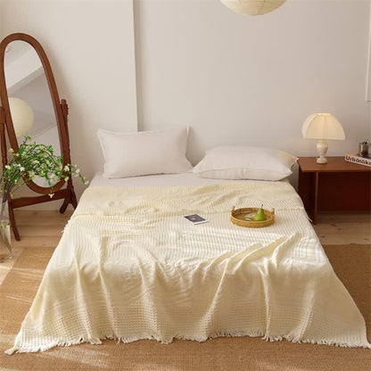 Cotton Waffle Weave Tassel Quilt Blanket - Yellow - Queen - image 4