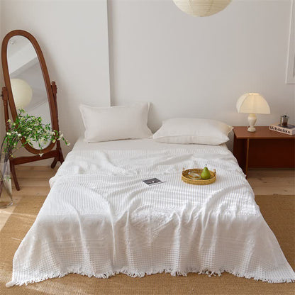 Cotton Waffle Weave Tassel Quilt Blanket - White - Queen - image 3