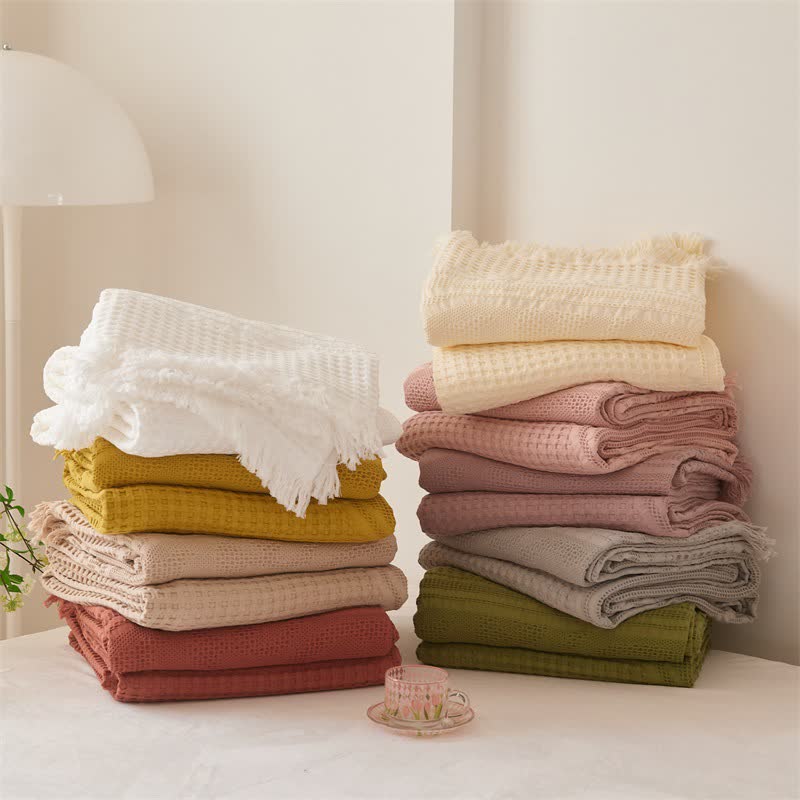 Cotton Waffle Weave Tassel Quilt Blanket - image 1