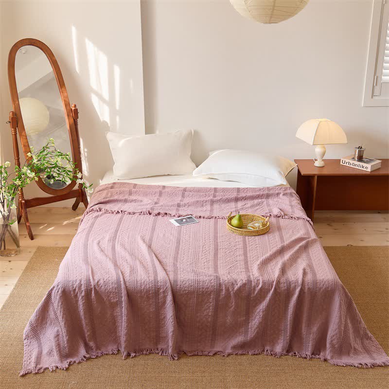 Waffle Weave Quilt Blanket with Tassel Fringe - Pink - Queen - image 4