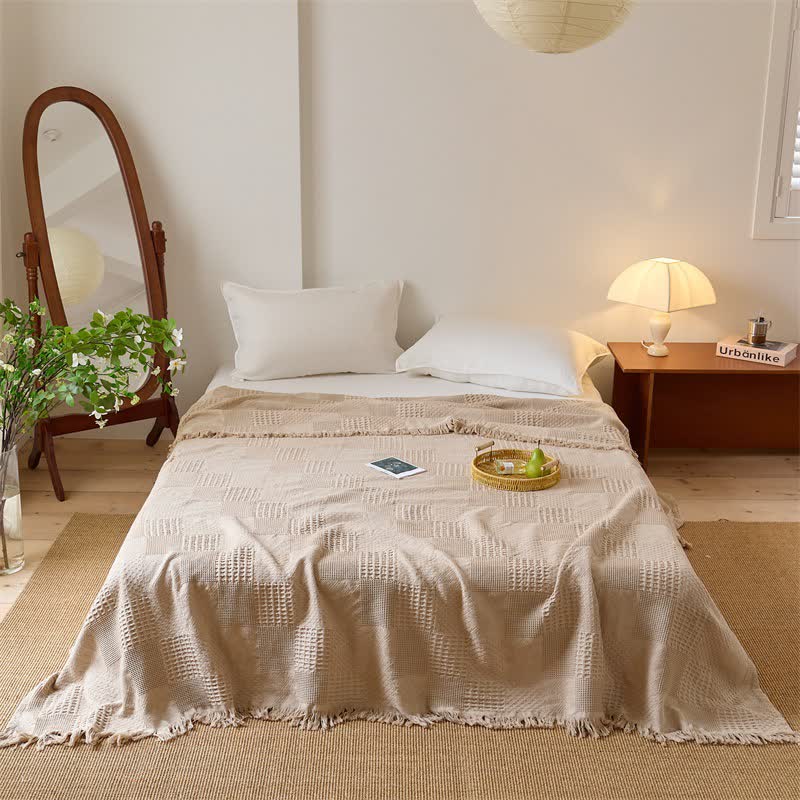 Checkerboard Waffle Cotton Quilt Blanket - Coffee - Queen - image 2