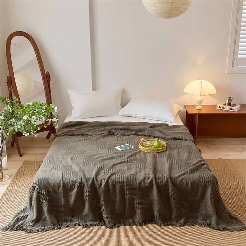 Checkerboard Waffle Cotton Quilt Blanket - Dark Green - Queen - image 4