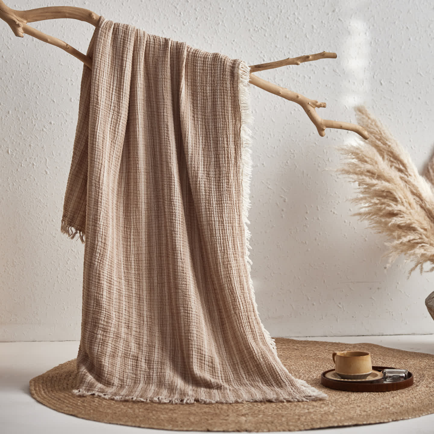 4-Layer Cotton Striped Muslin Throw - Brown - 51"W x 63"L - image 11