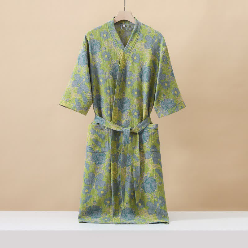 Green Floral Cotton Double Gauze Robe - Green - XL - image 0