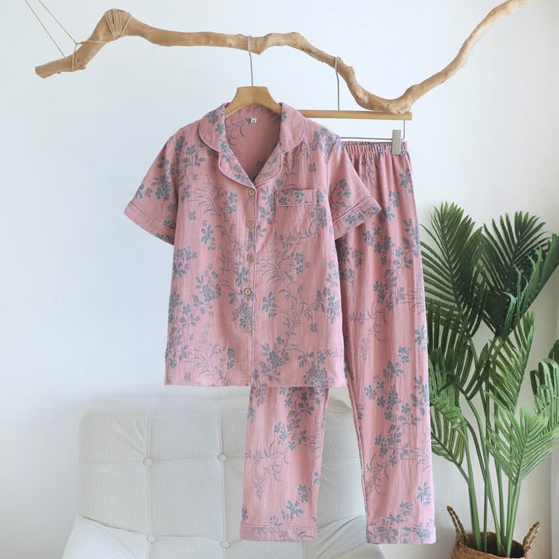 Branch & Floral Pure Cotton Pajama Set - Pink - XL - image 3