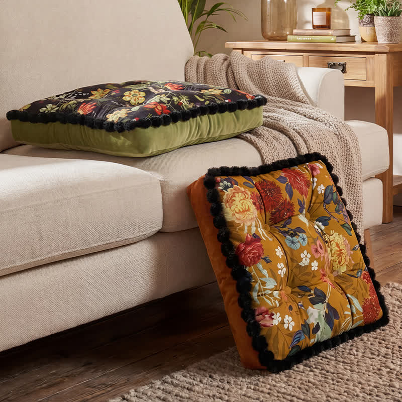 Vintage Floral Seat Cushion with Pom-Pom Trim - image 2