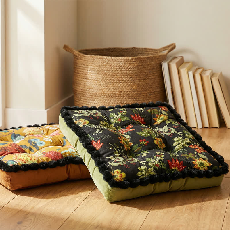 Vintage Floral Seat Cushion with Pom-Pom Trim - image 0