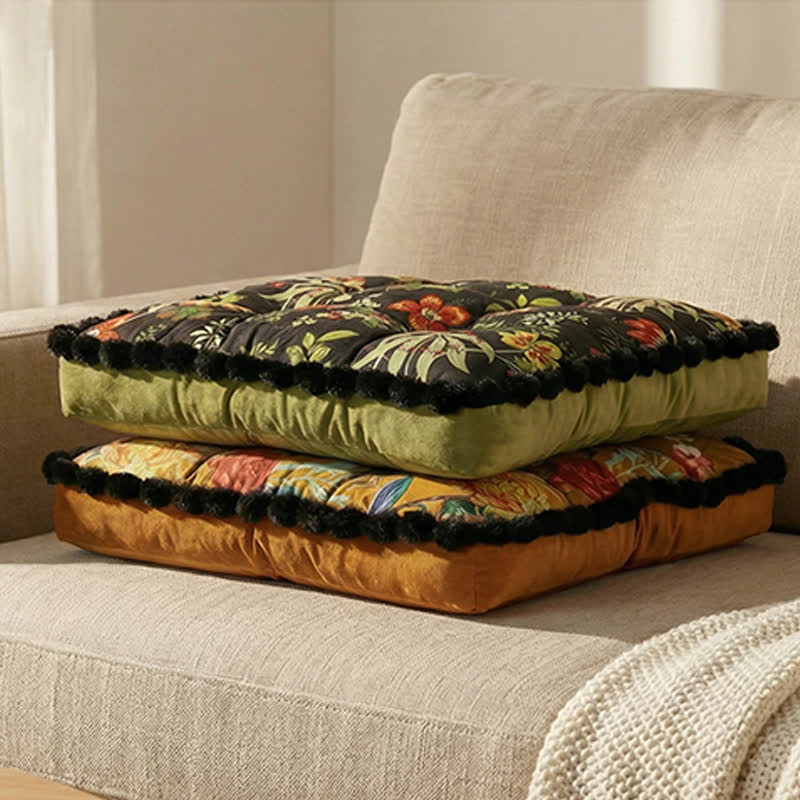 Vintage Floral Seat Cushion with Pom-Pom Trim - image 3