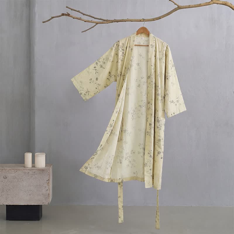 Elegant Floral Cotton Linen Kimono Robe - Yellow - XXL - image 0
