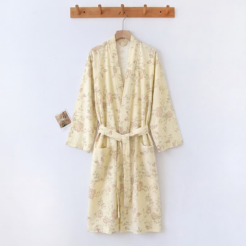 Pastoral Floral Cotton Linen Kimono Robe - Light Yellow - XXL - image 5