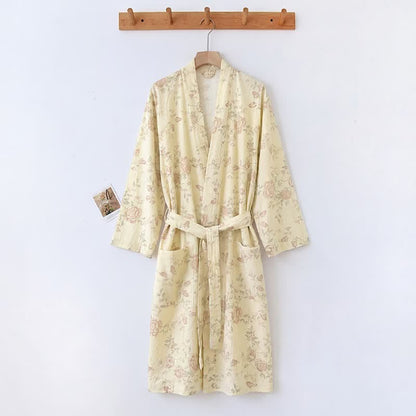 Pastoral Floral Cotton Linen Kimono Robe - Light Yellow - XXL - image 5