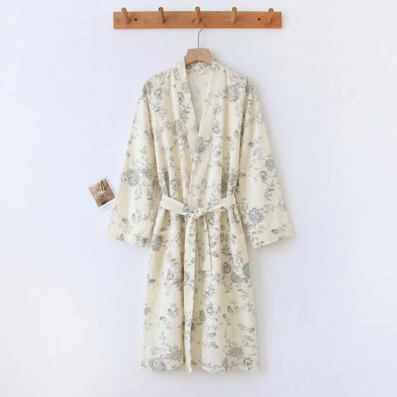 Pastoral Floral Cotton Linen Kimono Robe - Beige - XXL - image 0