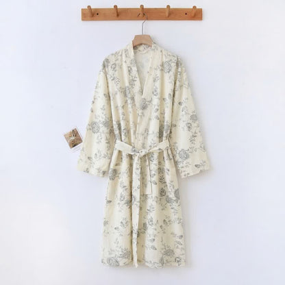 Pastoral Floral Cotton Linen Kimono Robe - Beige - XXL - image 0