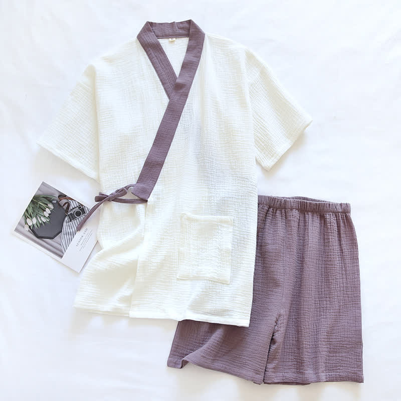 Japanese-Style Cotton Gauze Short Sleeve Pajama Set - Purple - XL - image 3