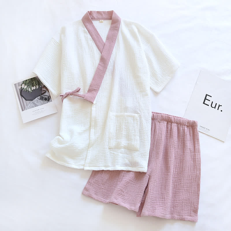 Japanese-Style Cotton Gauze Short Sleeve Pajama Set - Pink - XL - image 5