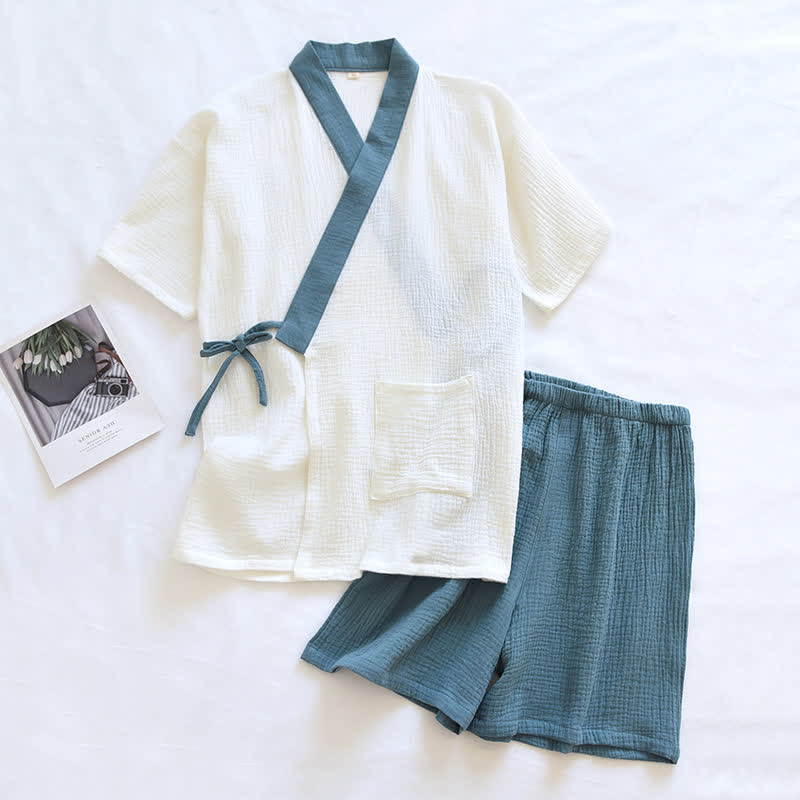 Japanese-Style Cotton Gauze Short Sleeve Pajama Set - Lake Blue - XL - image 4