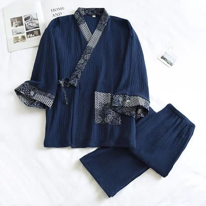 Ethnic Style Cotton Gauze Kimono Pajamas - Navy Blue - XL - image 9