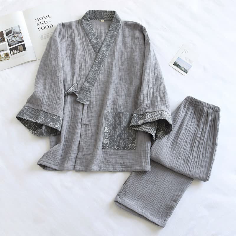 Ethnic Style Cotton Gauze Kimono Pajamas - Gray - XL - image 2