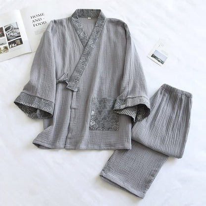 Ethnic Style Cotton Gauze Kimono Pajamas - Gray - XL - image 2