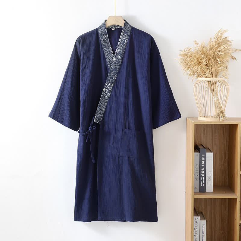 Ethnic Style Cotton Gauze Kimono Robe - Navy Blue - XL - image 1
