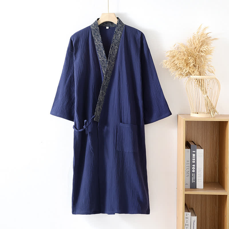 Classic Cotton Gauze Robe with Decorative Trim - Navy Blue - XL - image 11