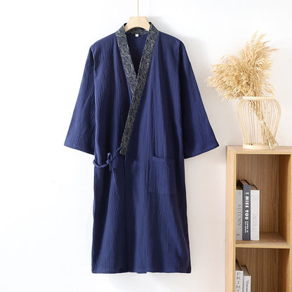 Classic Cotton Gauze Robe with Decorative Trim - Navy Blue - XL - image 11