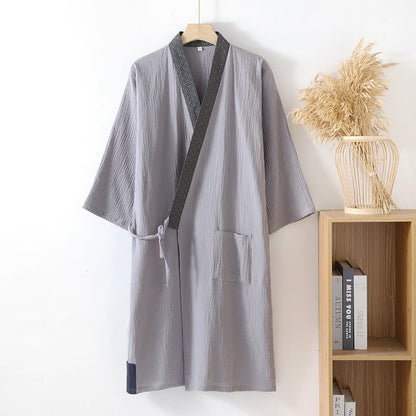 Classic Cotton Gauze Robe with Decorative Trim - Gray - XL - image 1