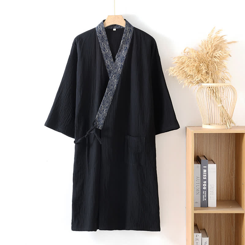 Classic Cotton Gauze Robe with Decorative Trim - Black - XL - image 2