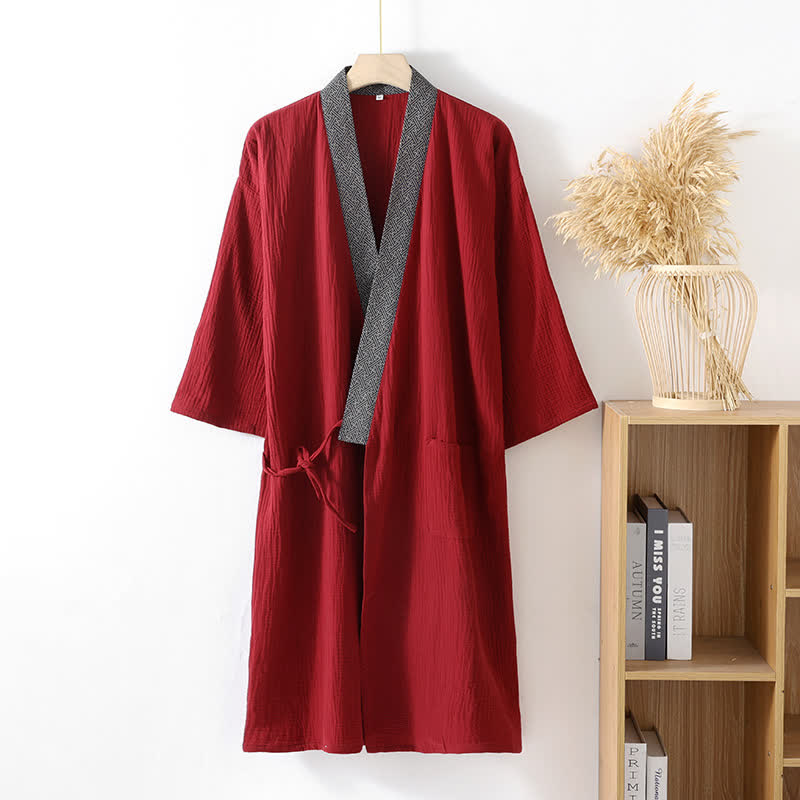 Classic Cotton Gauze Robe with Decorative Trim - Red - XL - image 3