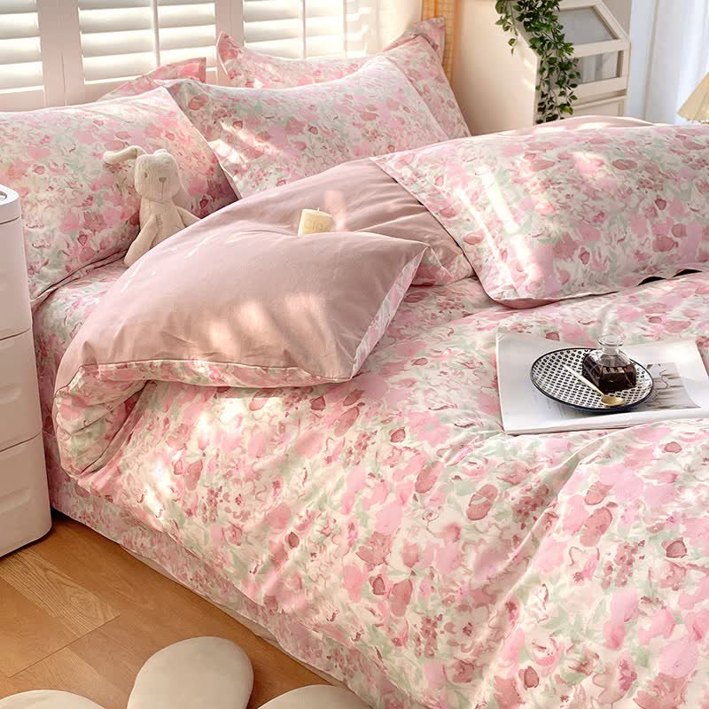 Pink Floral Pure Cotton Bedding Set(4PCS) - Bedding Set(Fitted Sheet Style) - King - image 0