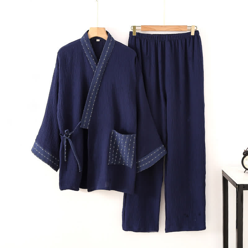Navy Cotton Gauze Kimono Pajama Set - Navy Blue - XL - image 0