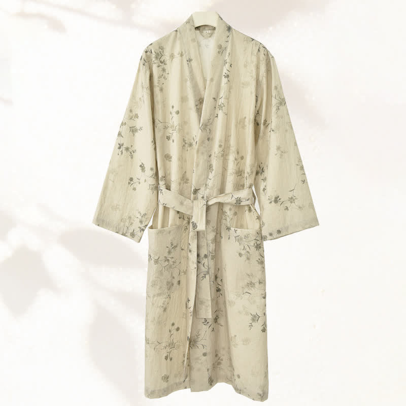 Elegant Floral Cotton Linen Kimono Robe - image 1