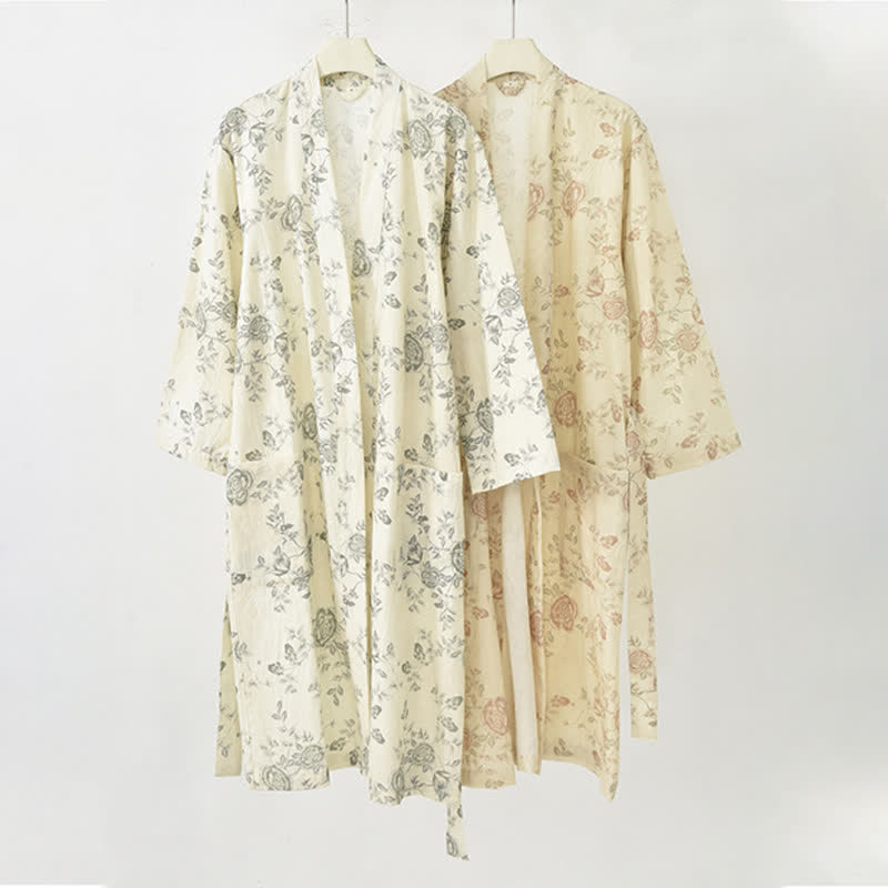 Pastoral Floral Cotton Linen Kimono Robe - image 1