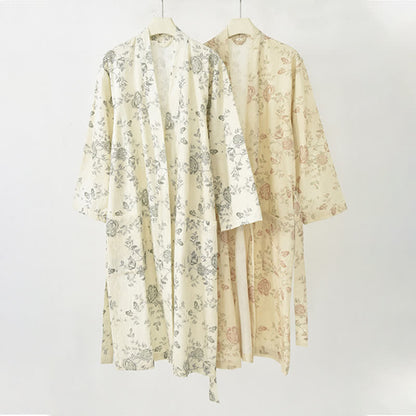 Pastoral Floral Cotton Linen Kimono Robe - image 1