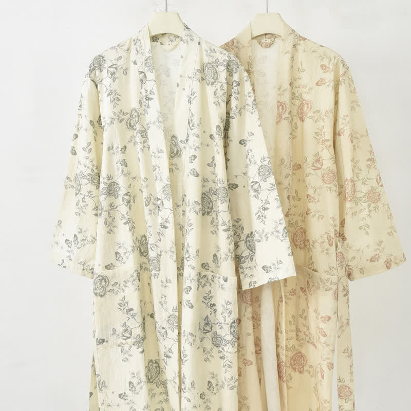 Pastoral Floral Cotton Linen Kimono Robe - image 2
