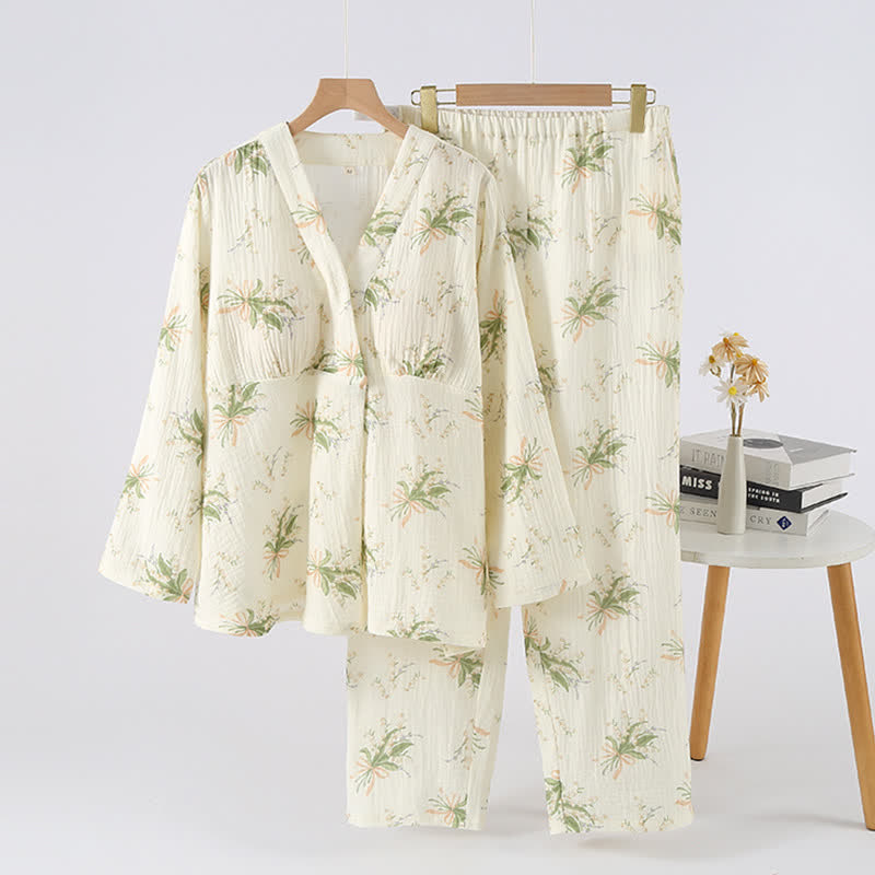 Floral Bouquet Cotton Gauze Pajama Set - Green & Beige - XL - image 0