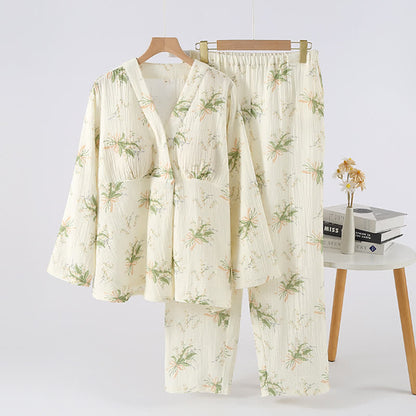 Floral Bouquet Cotton Gauze Pajama Set - Green & Beige - XL - image 0