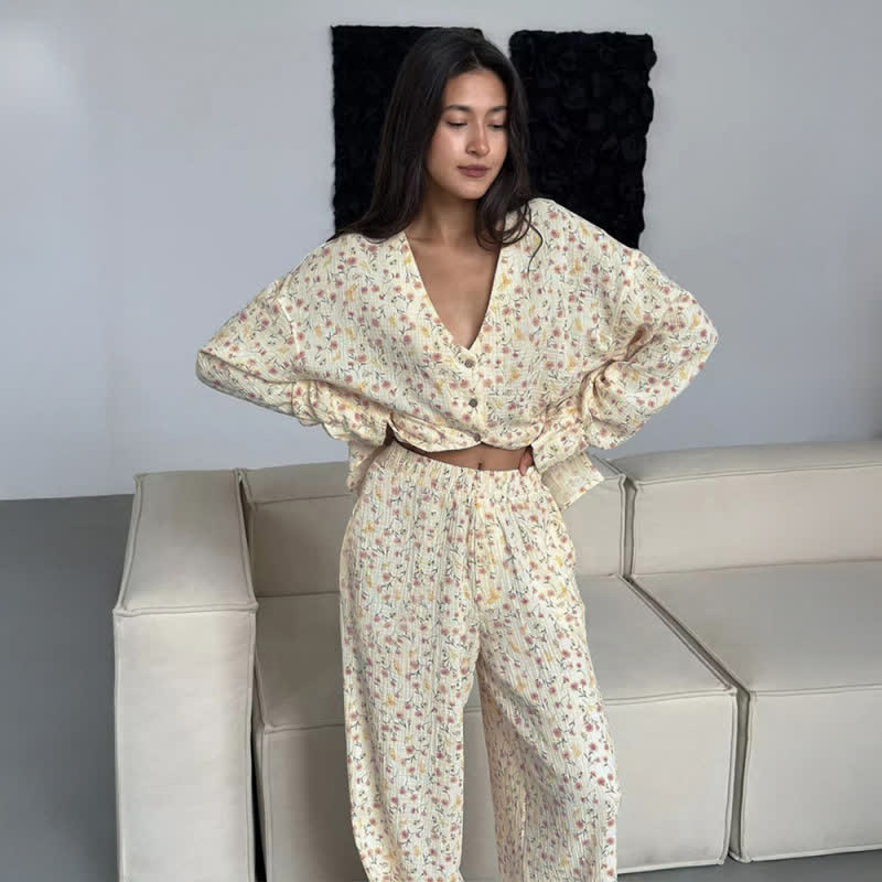 Cotton V-Neck Floral Pajama Set - Beige - XL - image 0