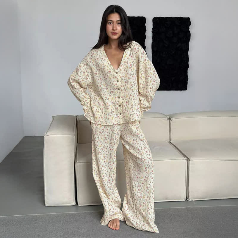 Cotton V-Neck Floral Pajama Set - image 1