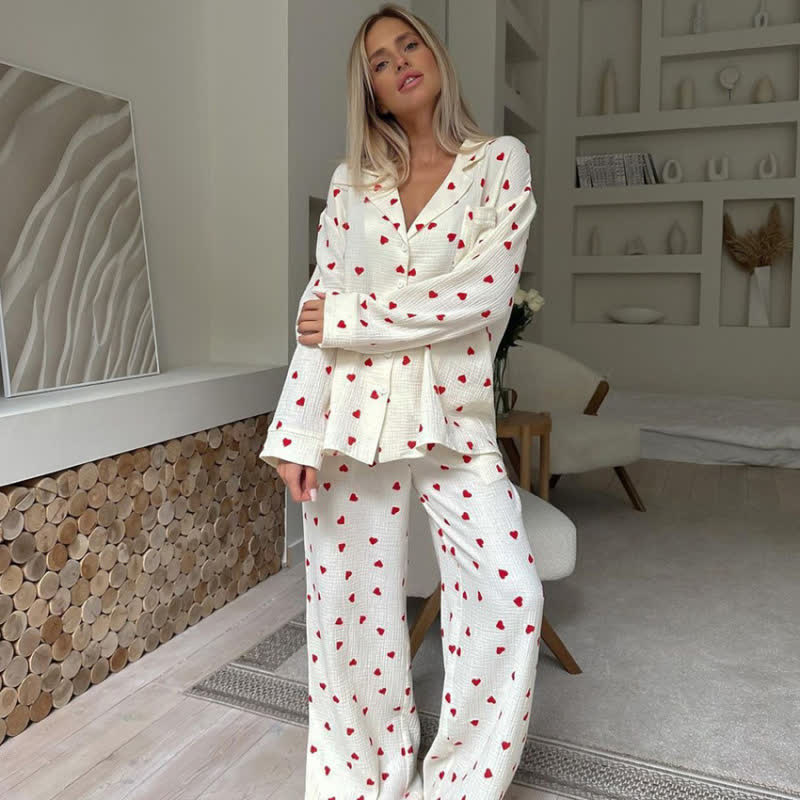 Cotton Red Heart Print Pajama Set - Apricot - XL - image 0